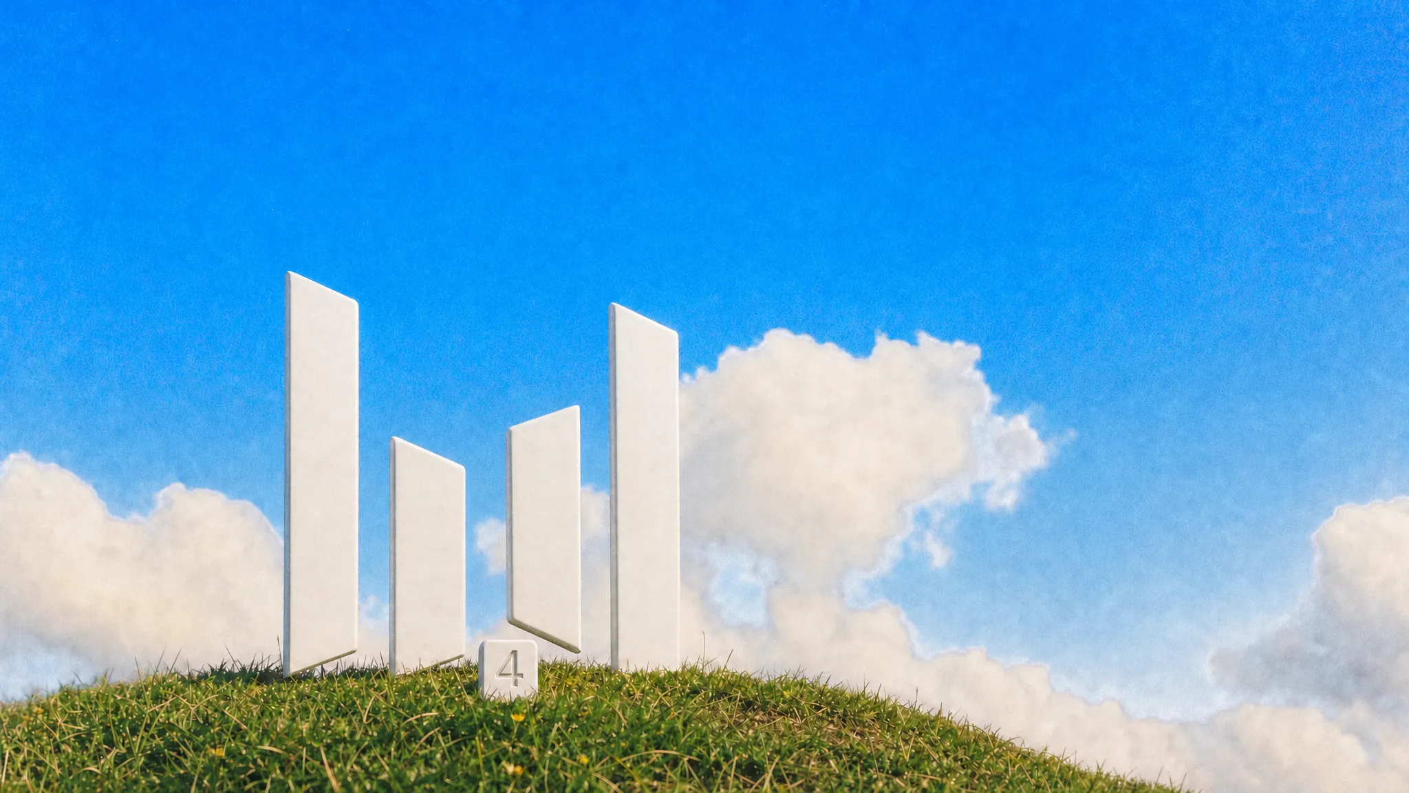 The Seedream four-bar logo as a white sculpture on a grassy hilltop under a blue sky, with a small stone tag that reads 4