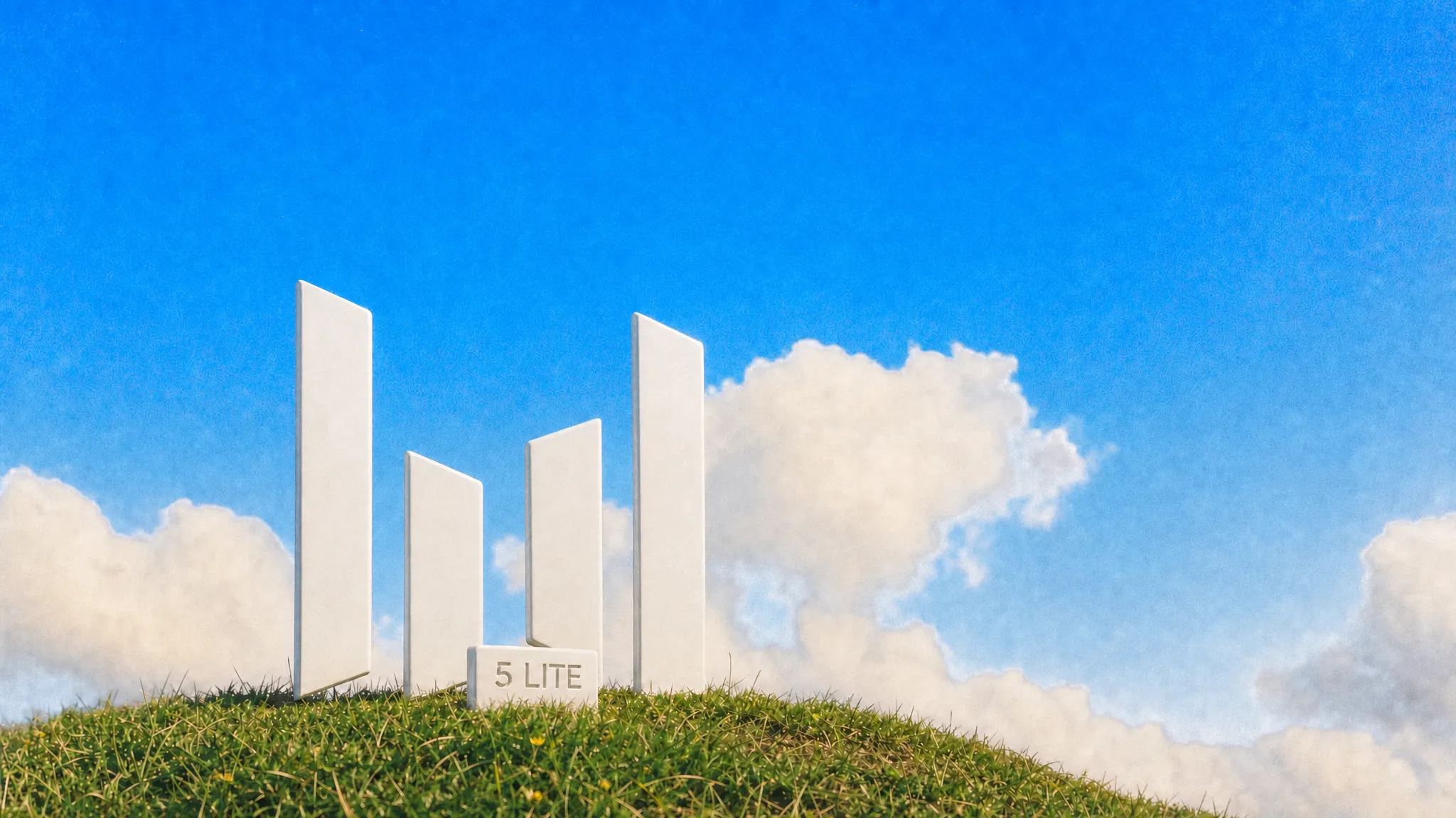 The Seedream four-bar logo as a white sculpture on a grassy hilltop under a blue sky, with a small stone tag that reads 5 LITE