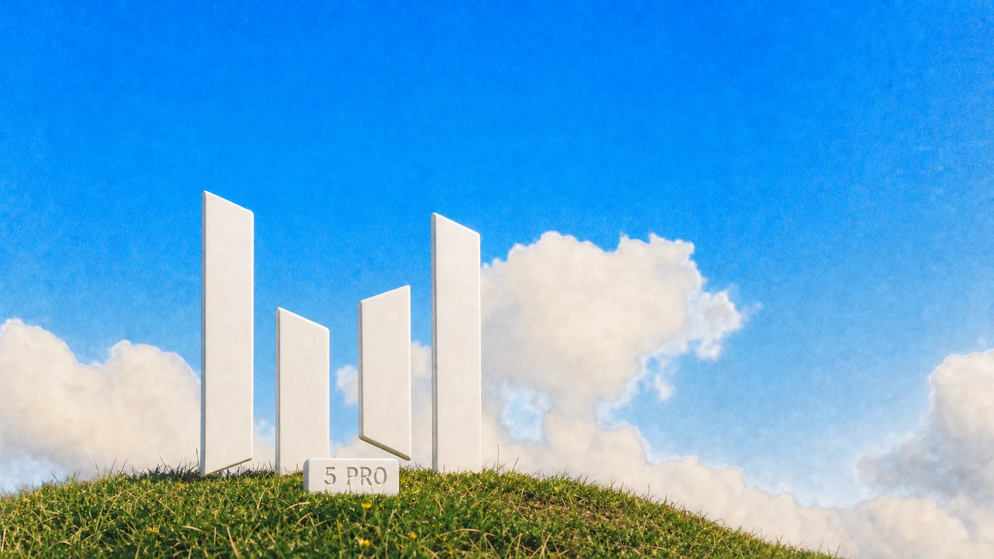 The Seedream four-bar logo as a white sculpture on a grassy hilltop under a blue sky, with a small stone tag that reads 5 PRO