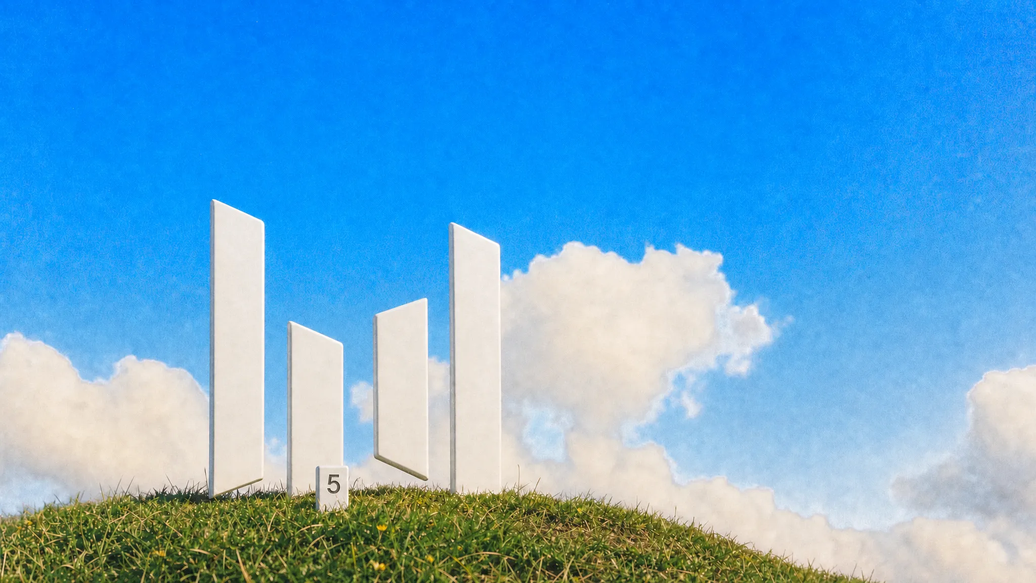 The Seedream four-bar logo as a white sculpture on a grassy hilltop under a blue sky, with a small stone tag that reads 5