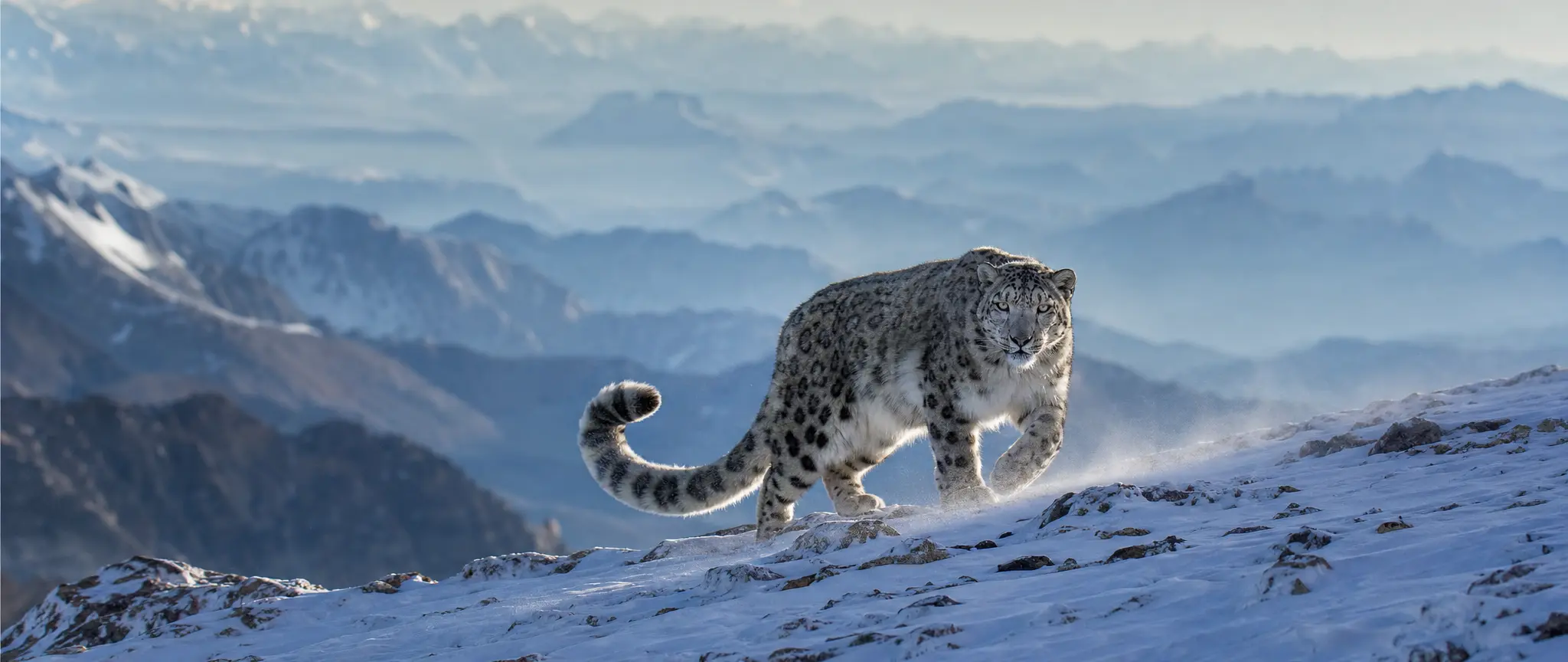 A snow leopard walking a windswept Himalayan ridge