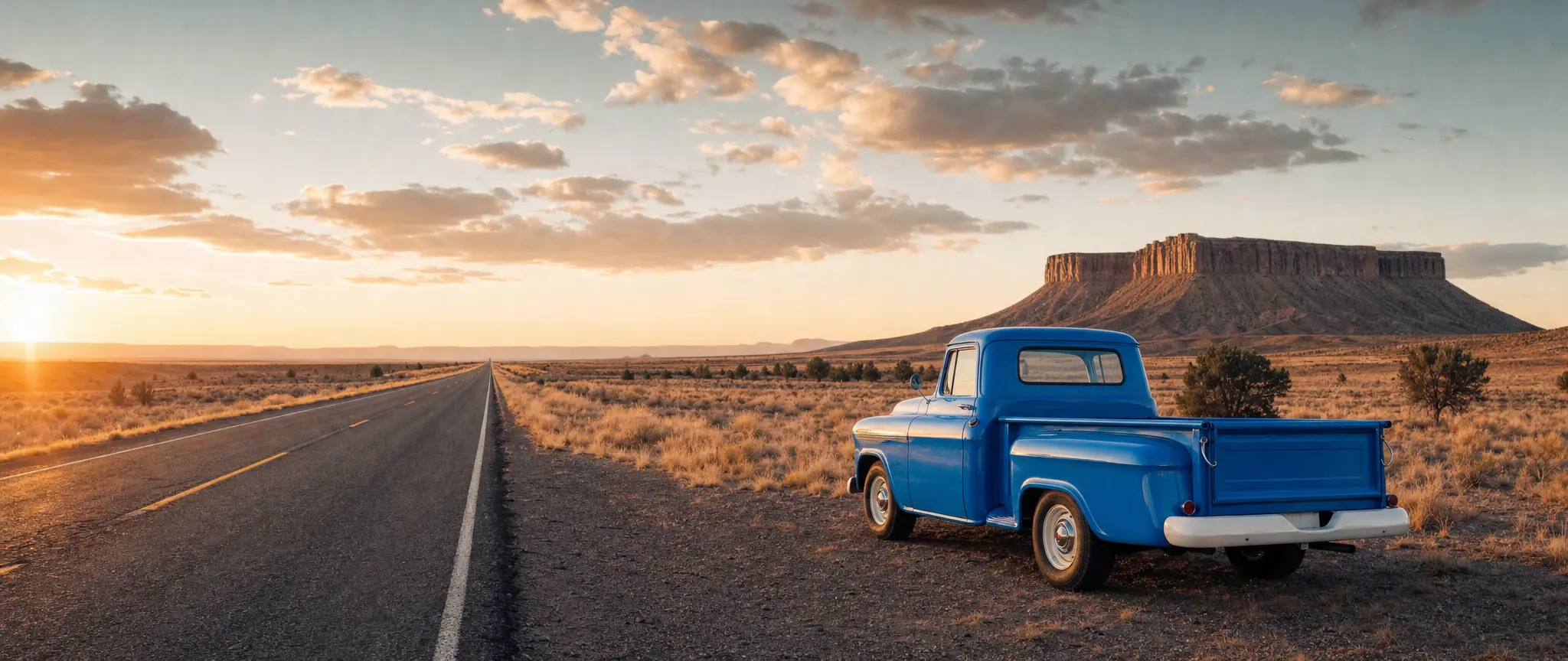 An azure pickup on a desert highway at golden hour
