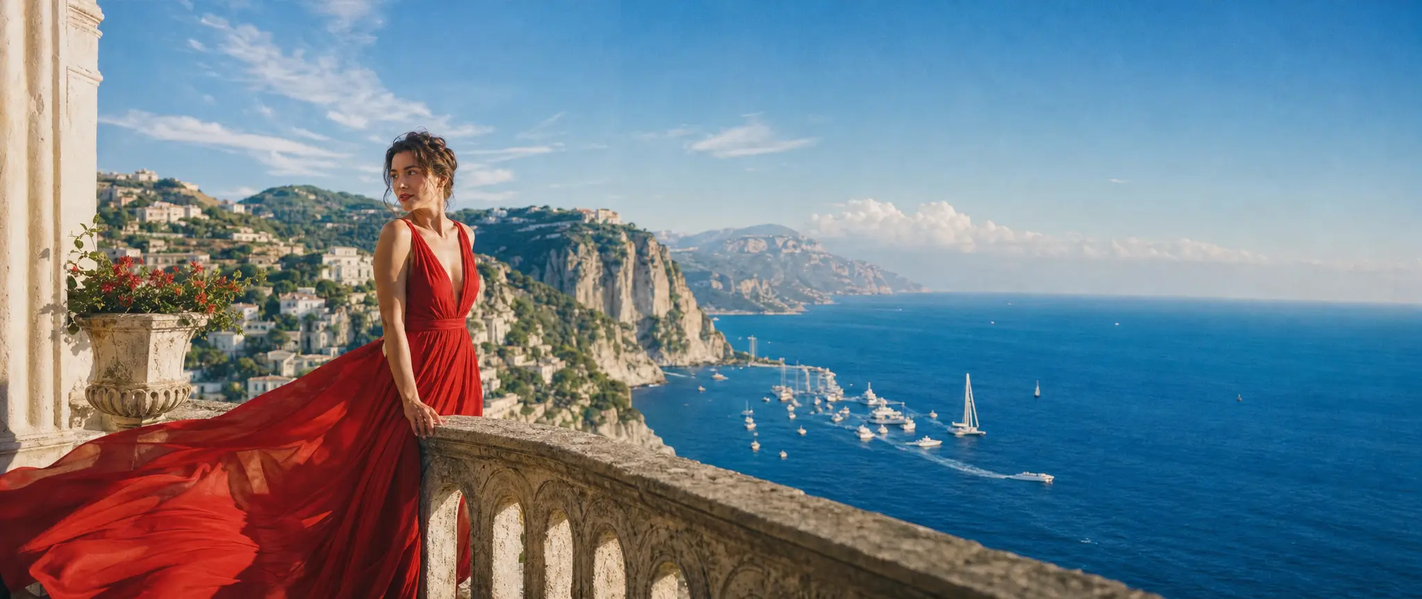 A woman in red above a coastal village