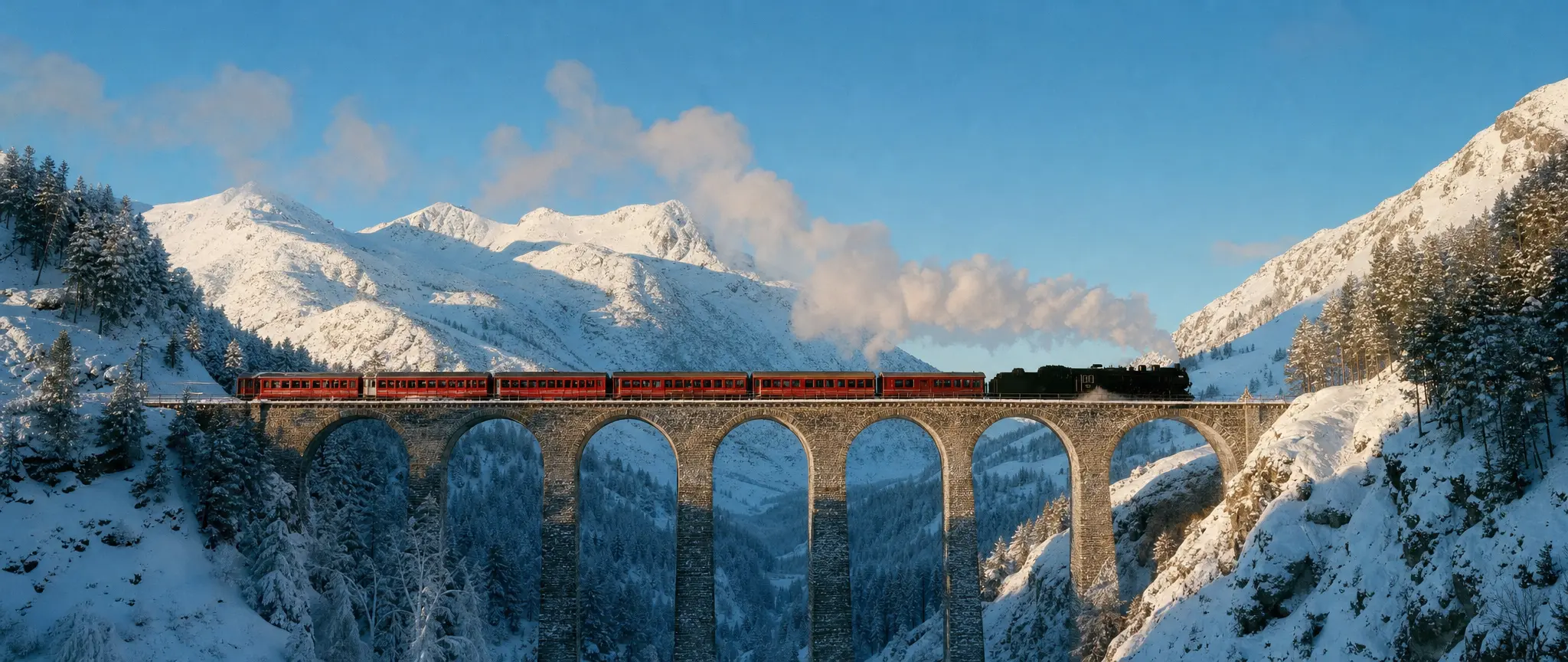 A red train on a snowy viaduct