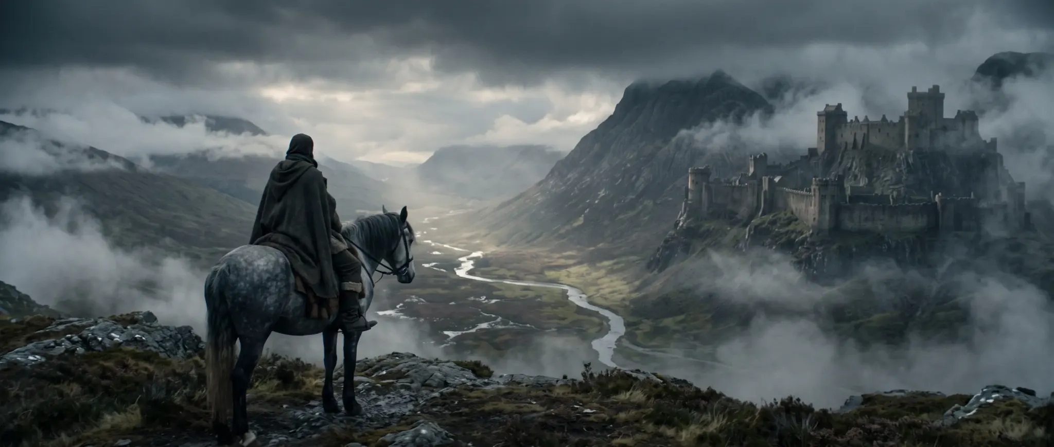 A cloaked rider on a grey horse above a misty glen and a mountain fortress