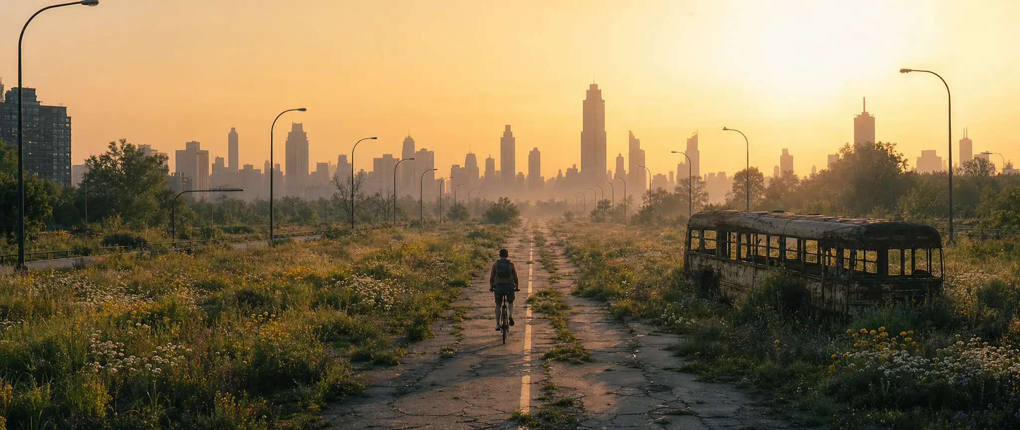 A cyclist on an abandoned highway reclaimed by wildflowers