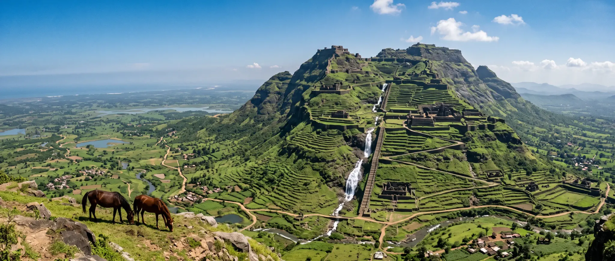 Horses grazing below terraced green hills and a waterfall