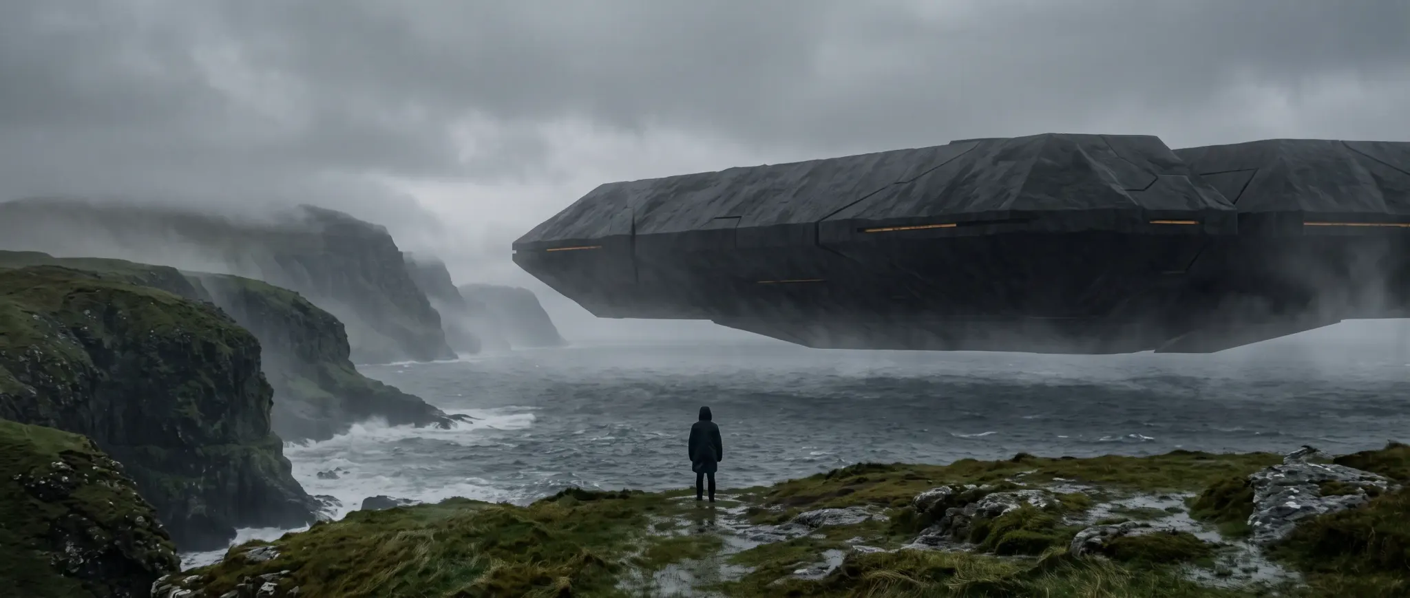 A dark craft hovering over a foggy sea beside mossy cliffs, a lone figure watching