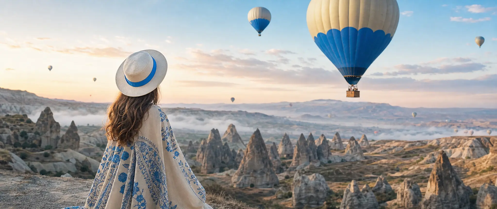 Hot-air balloons over a rocky valley at dawn