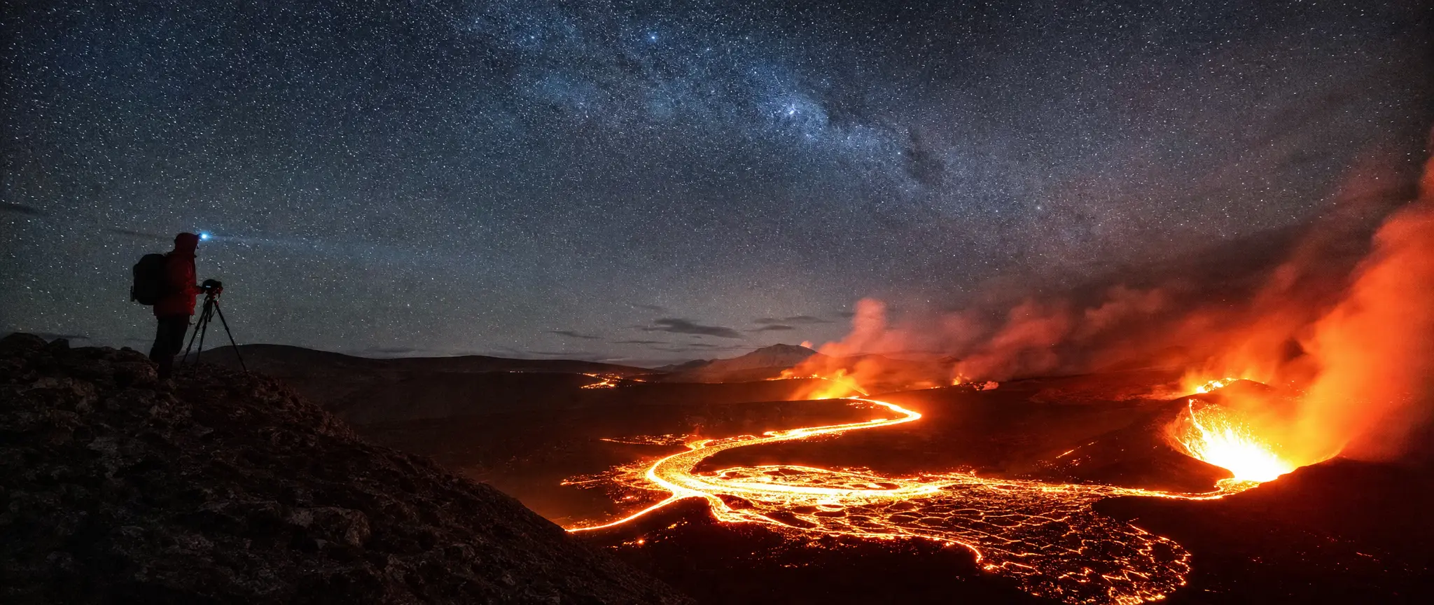 A lava river under the Milky Way with a lone photographer