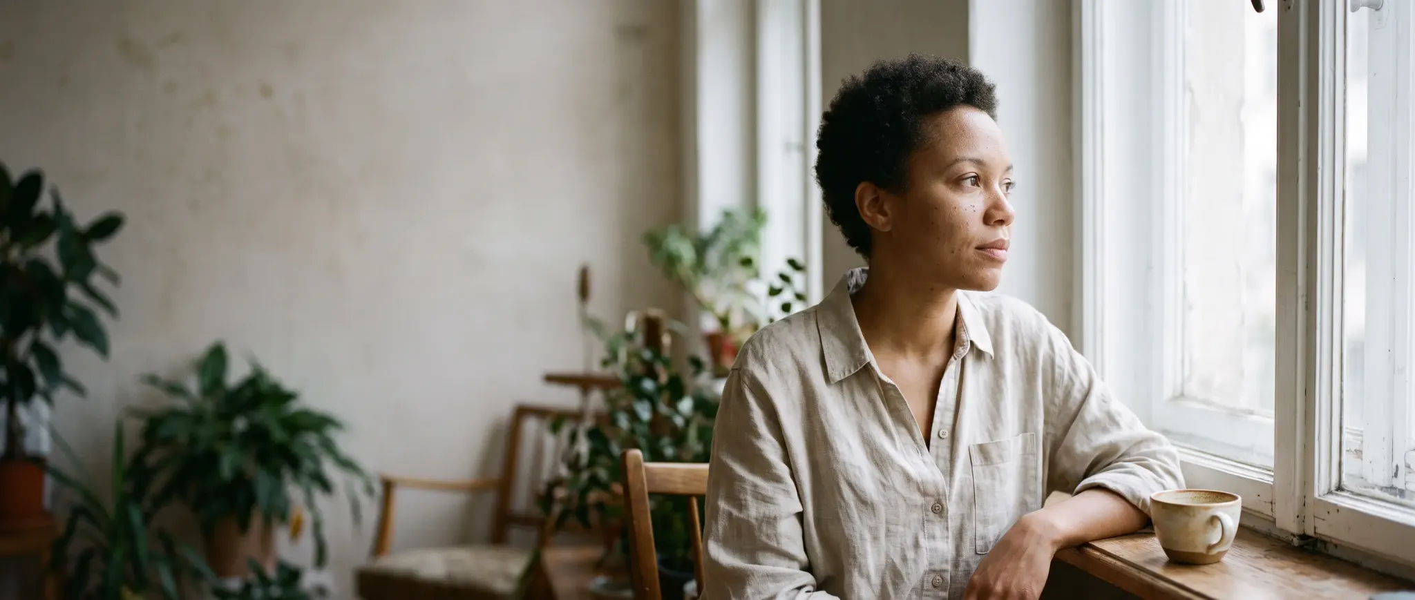 A woman with a cup of tea by a sunlit window