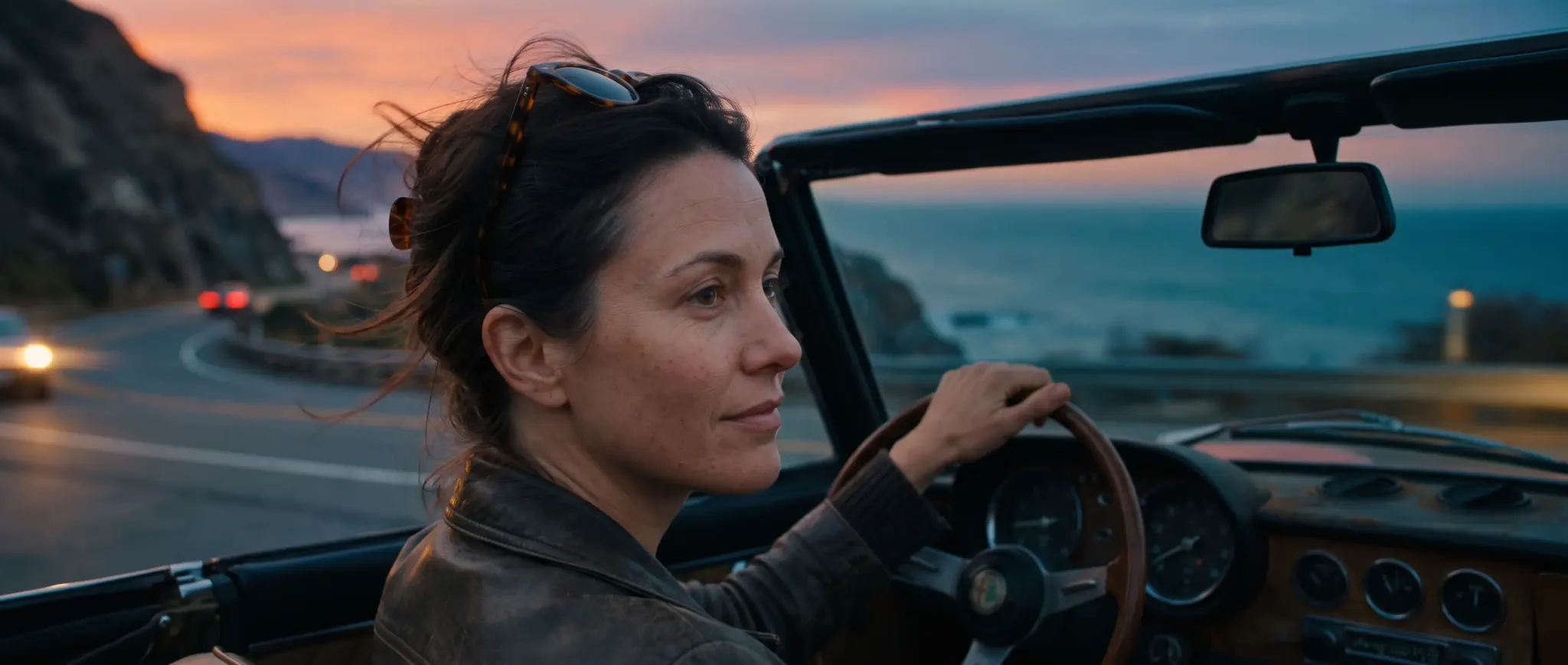 A woman driving a vintage convertible along a coastal road at dusk