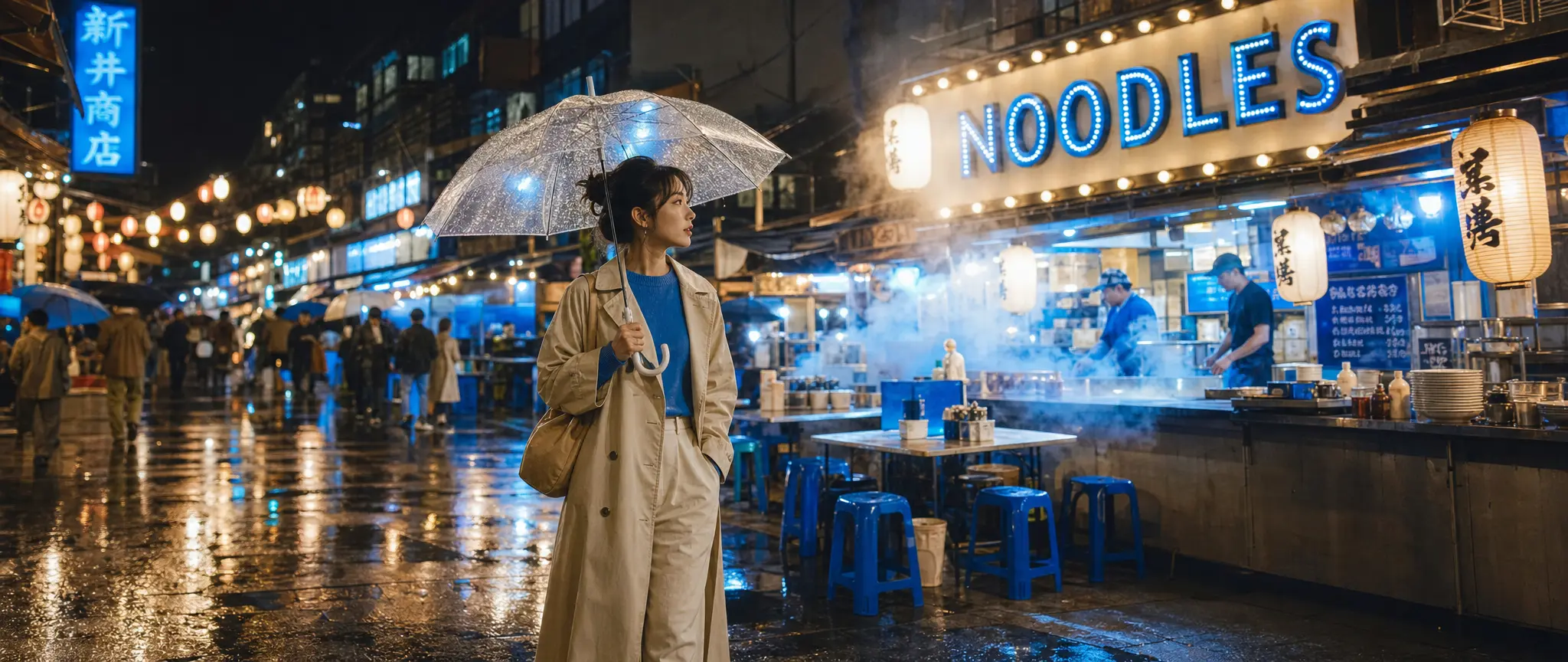 A night market with a sign that reads Noodles