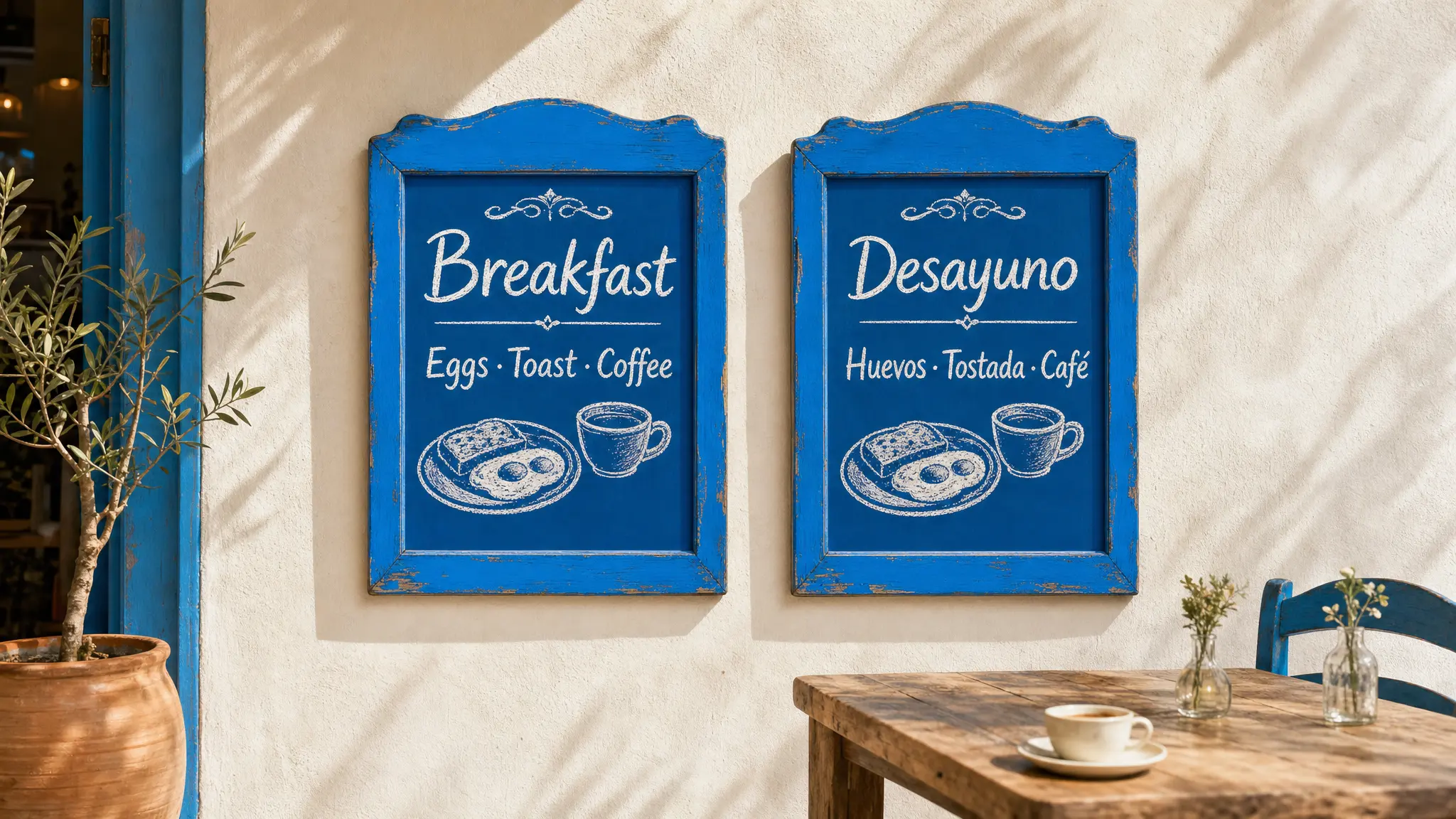 Café menu boards in English and Spanish