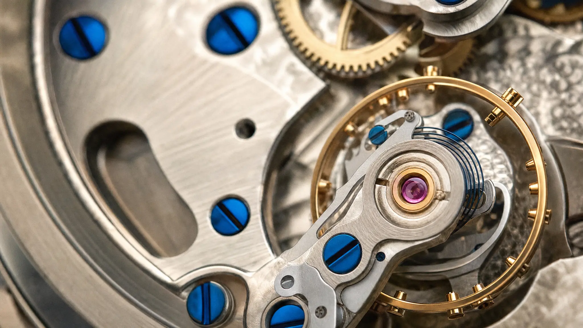 A watch movement with azure-blued screws