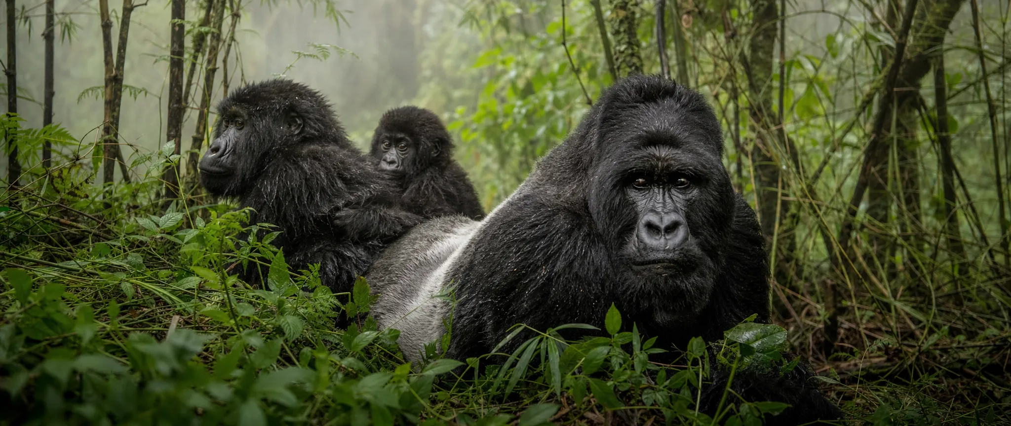 A family of mountain gorillas resting in a misty bamboo forest, a silverback in front