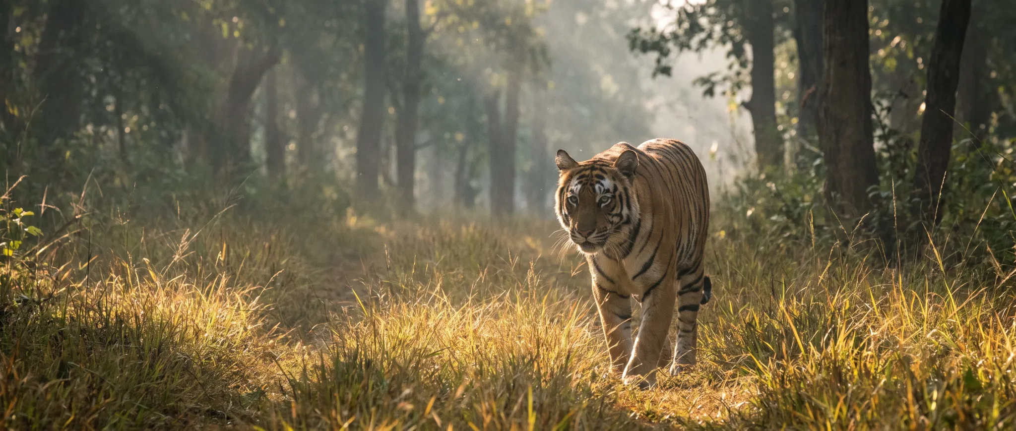 A tiger walking through tall golden grass