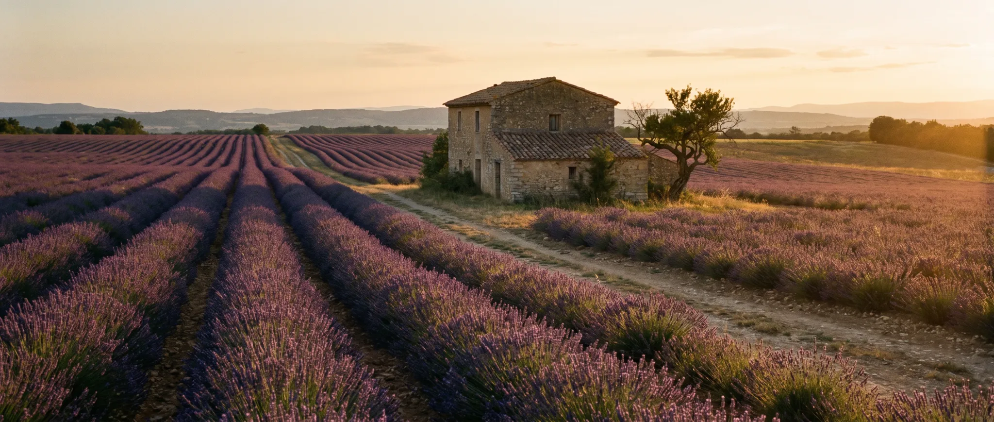 Lavender fields and a stone farmhouse at sunset