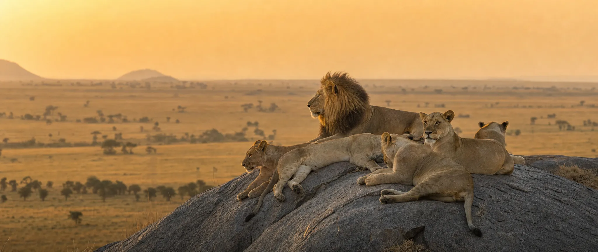 A pride of lions resting on a rock at sunrise
