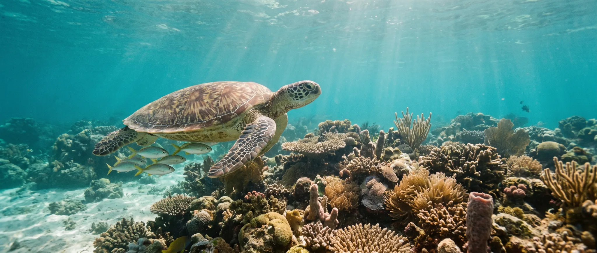 A sea turtle gliding over a coral reef in clear water