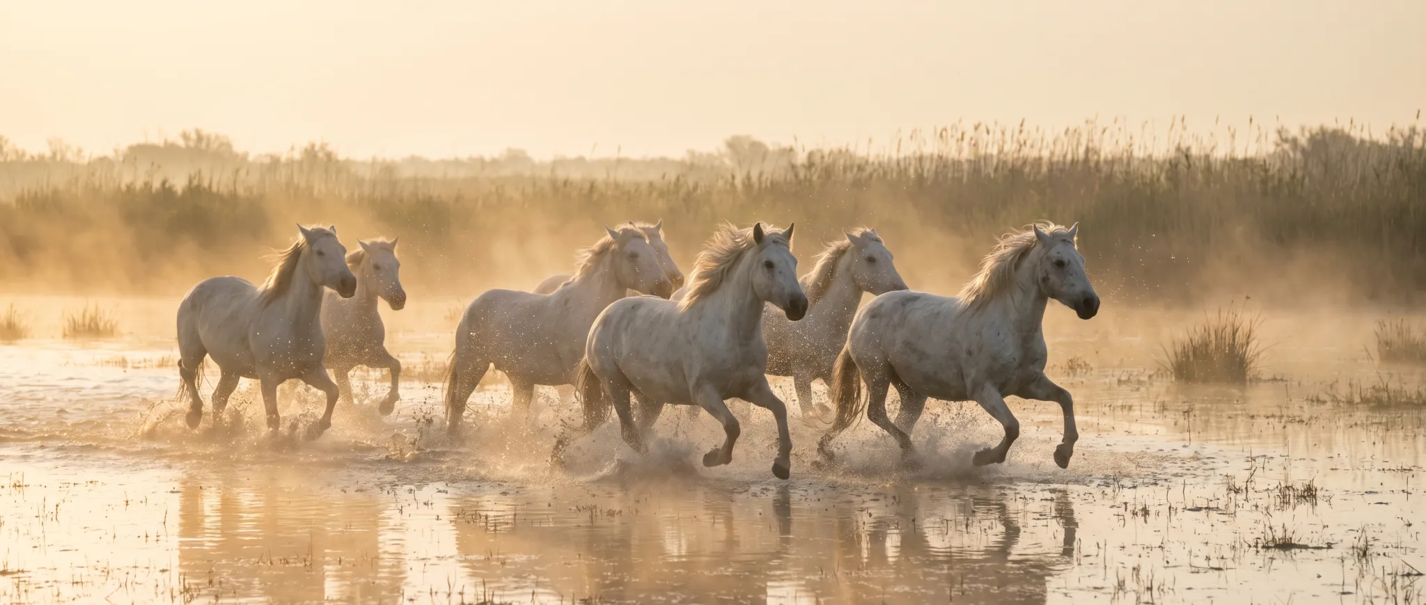 Wild white horses galloping through shallow water at sunrise