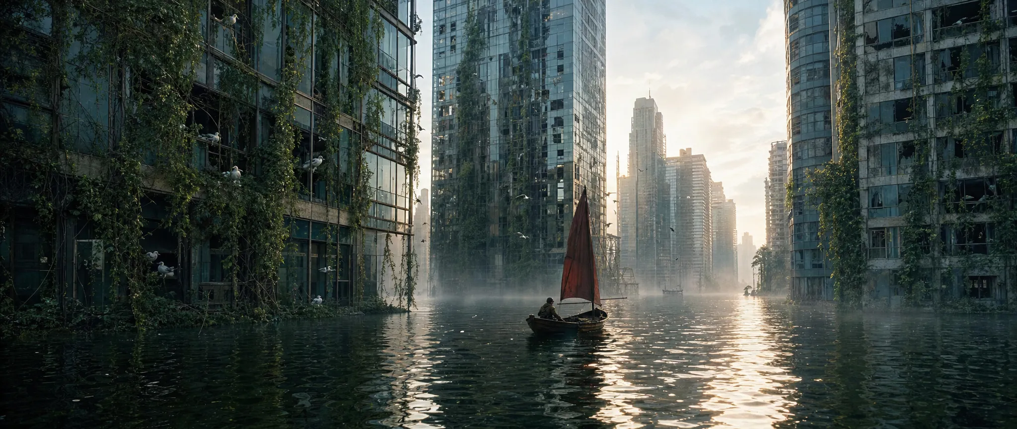 A flooded city of glass towers at dawn, a small boat on the water