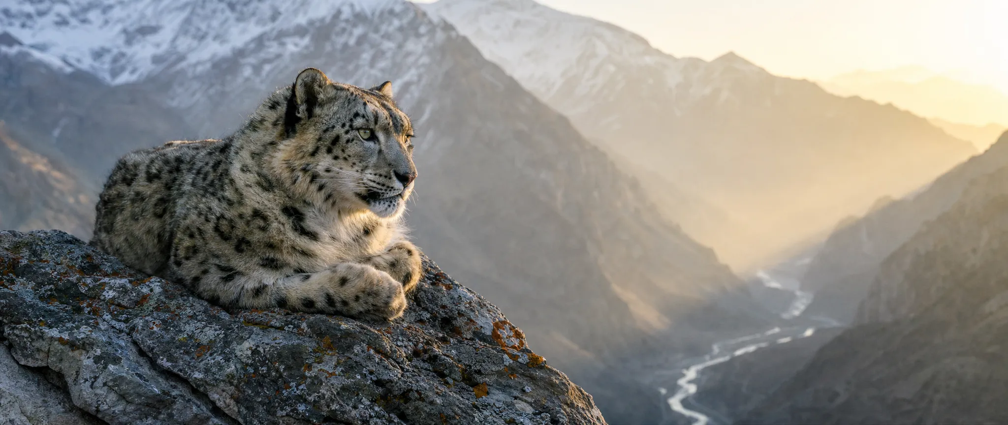 A snow leopard resting above a Himalayan valley at golden hour