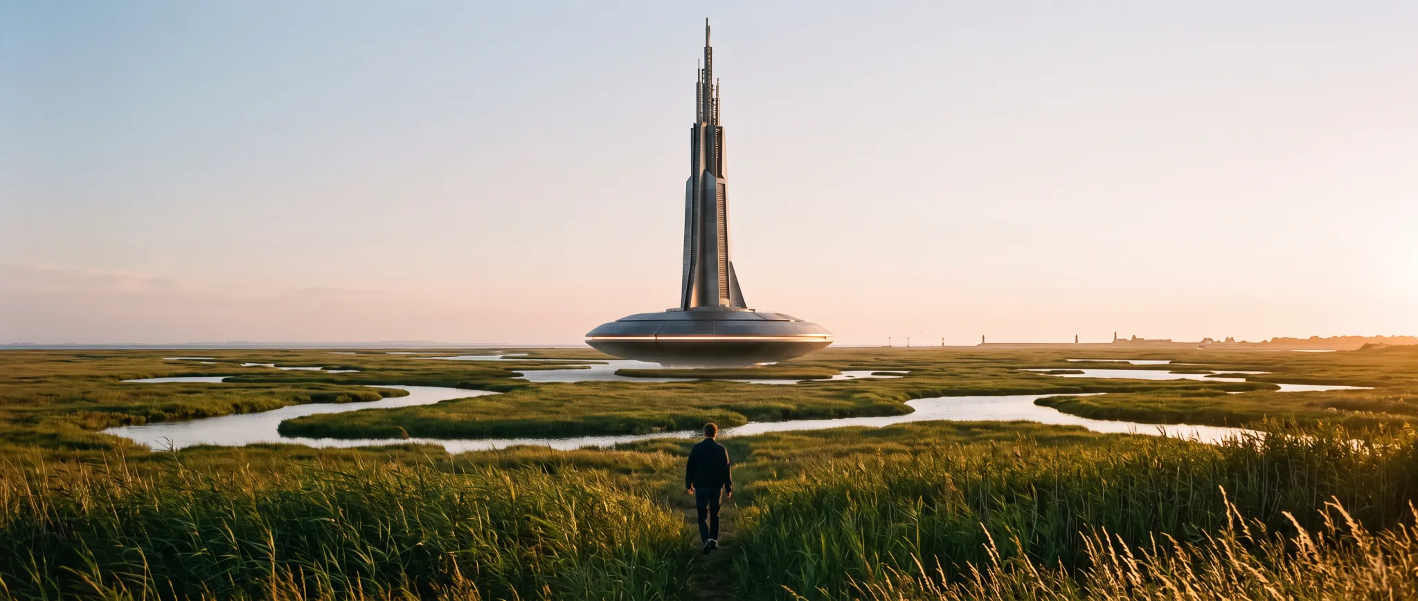 A steel tower rising from a disc-shaped base at golden hour