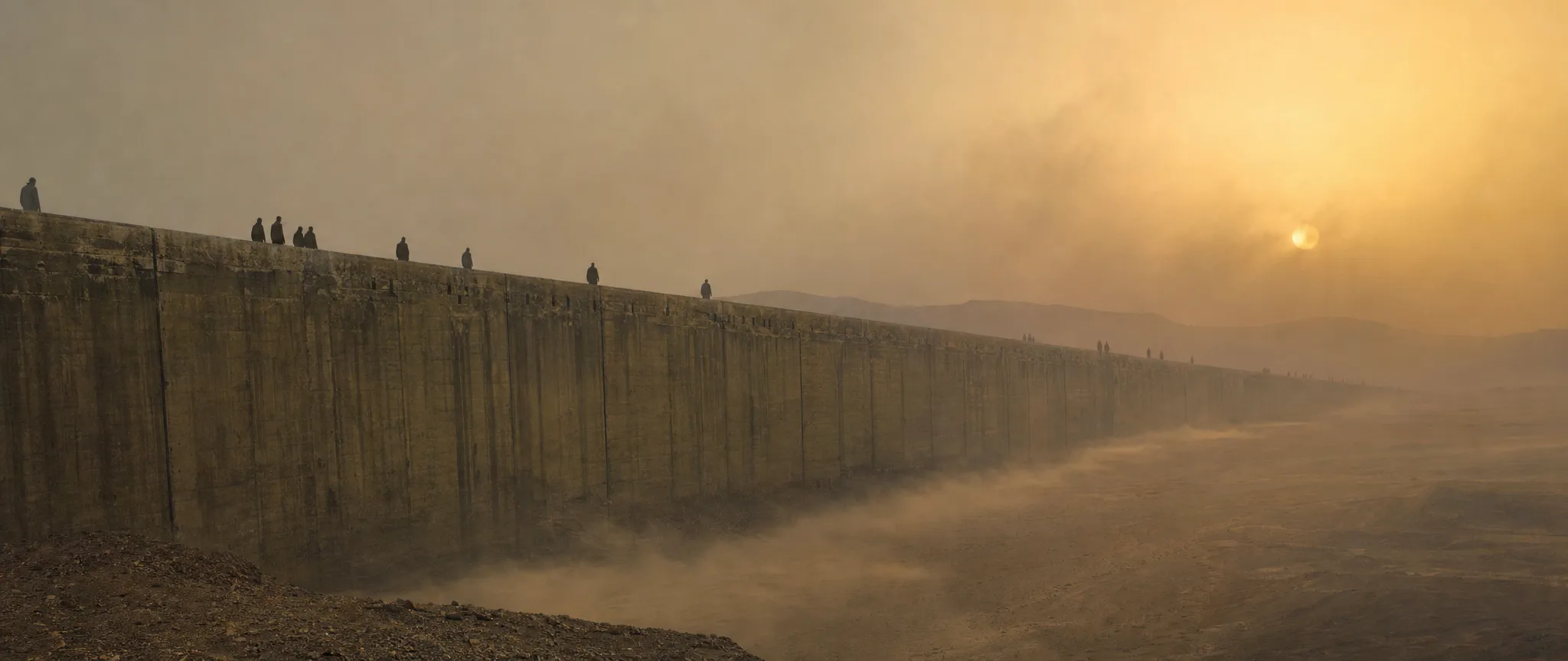 A vast wall across the desert in a dust storm, figures walking along its top
