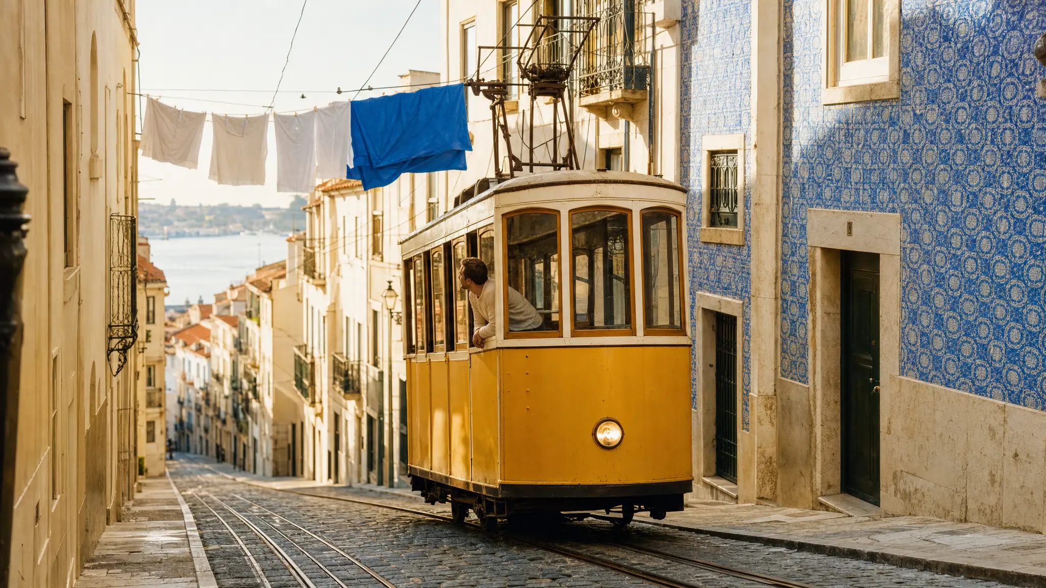 A yellow tram climbing a Lisbon street at golden hour