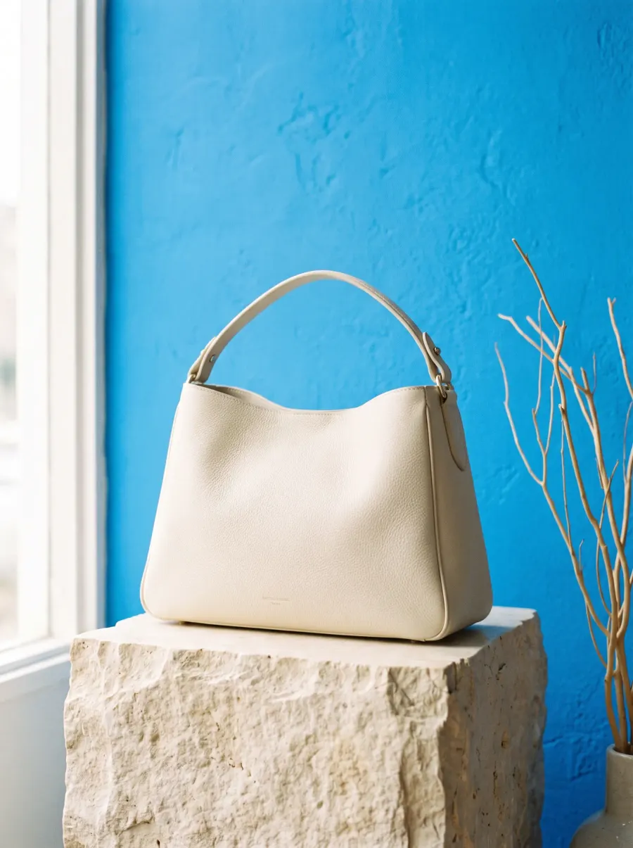 An ivory leather handbag on a pale plinth against an azure wall