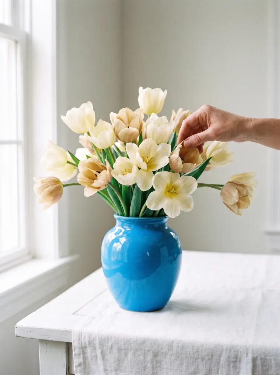 A bunch of tulips in an azure vase on a white table