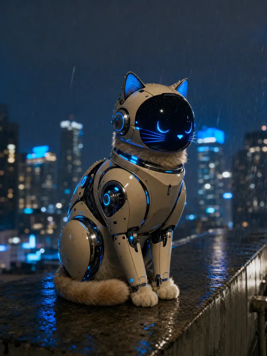 A neon-lit robot cat on a rainy rooftop at night