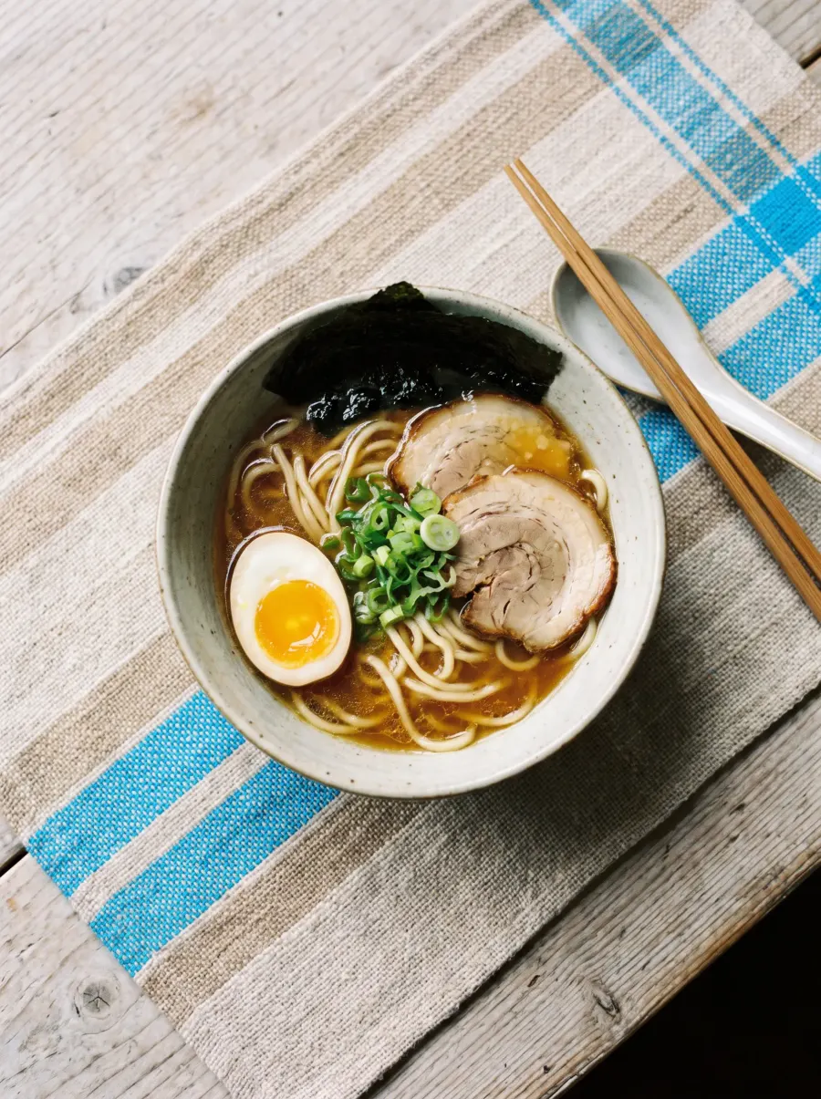 A bowl of ramen with a soft-boiled egg on an azure placemat