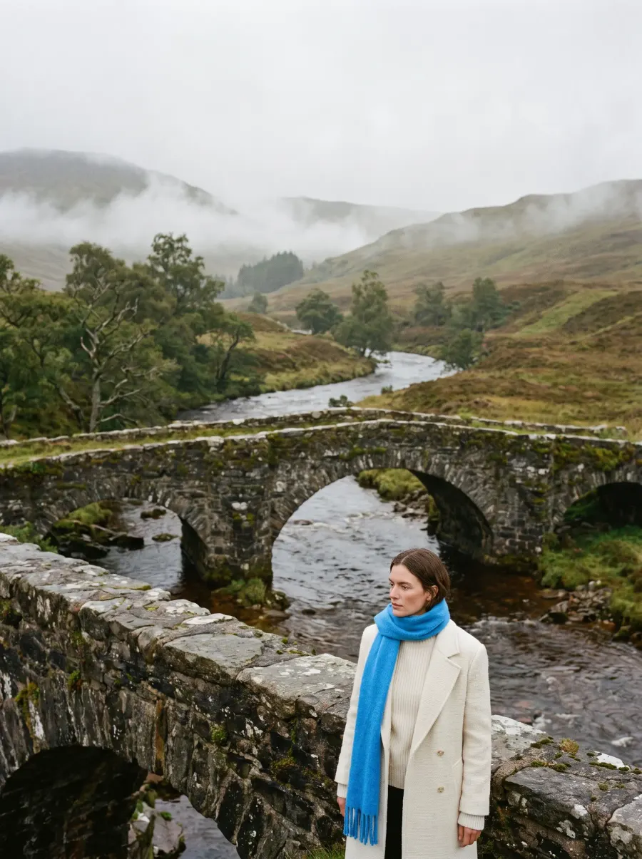A misty Scottish glen with a single old stone bridge