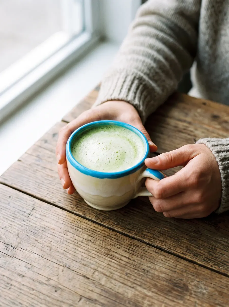 A matcha latte in a ceramic cup on a wooden table in soft light