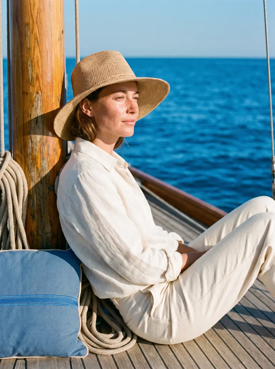 A woman in a straw hat on a sailboat deck