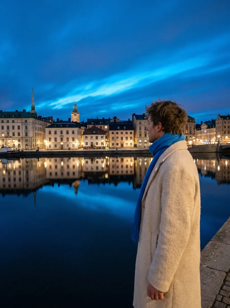 A city skyline at blue hour reflected in still water