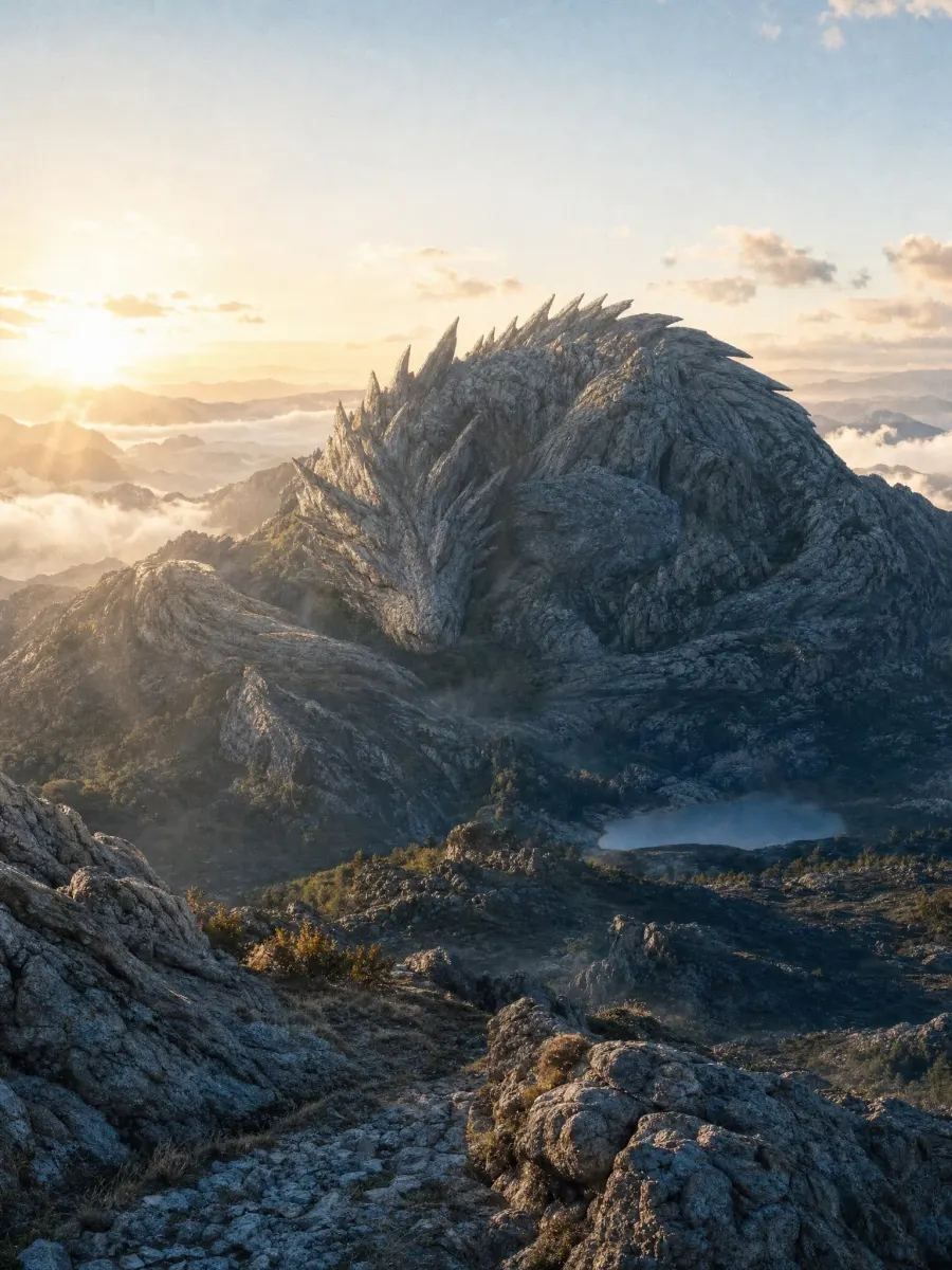 A mountain shaped like a sleeping dragon at dawn