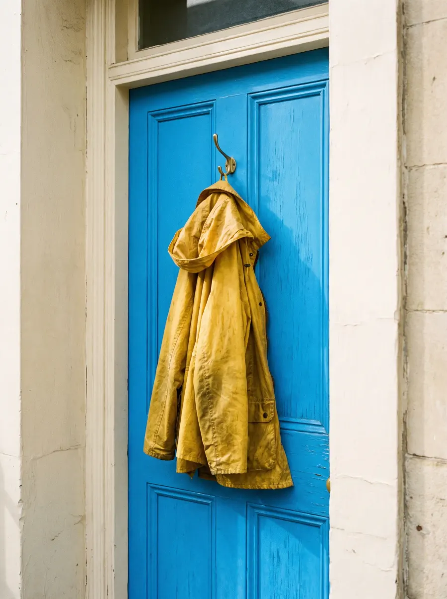 A yellow raincoat hanging on an azure front door