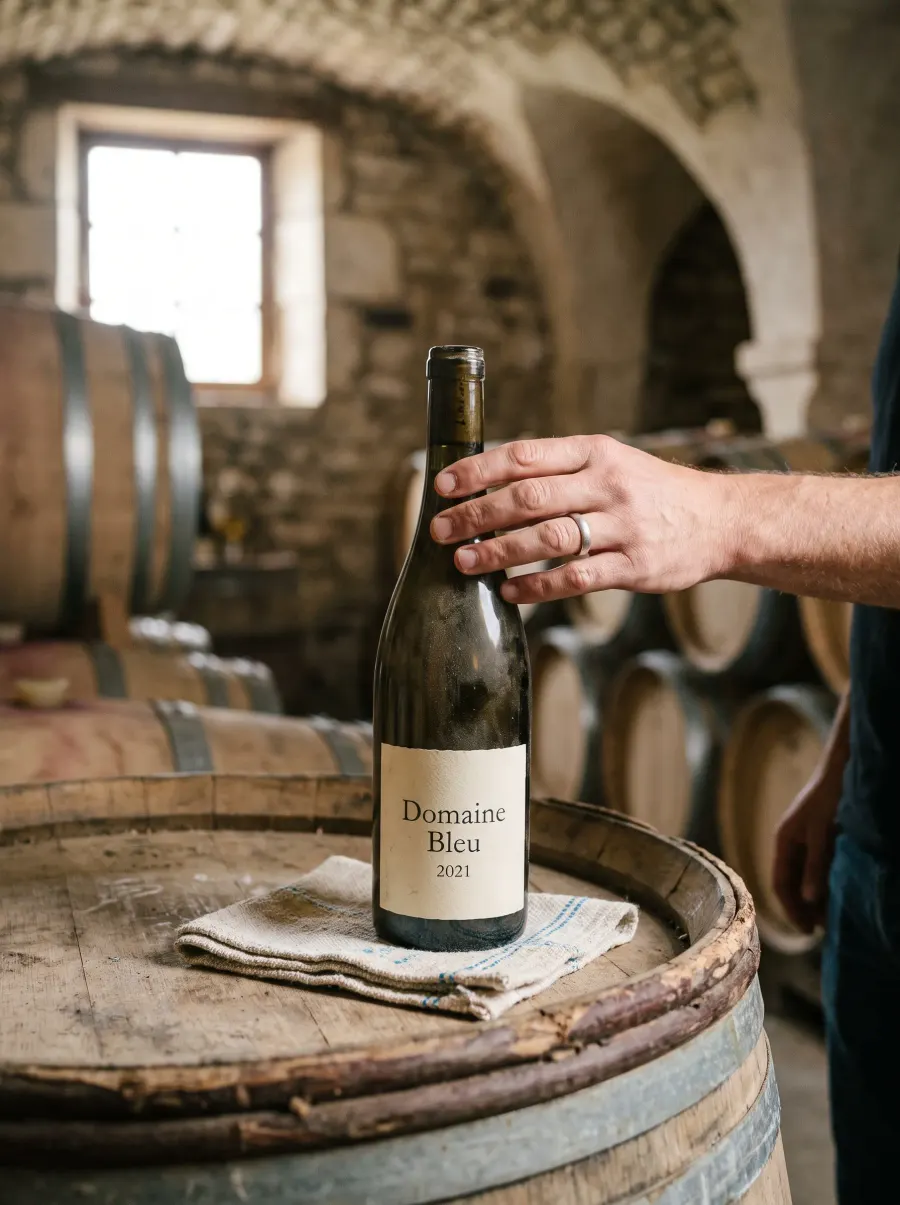 A wine bottle with a cream label that reads "Domaine Bleu 2021"