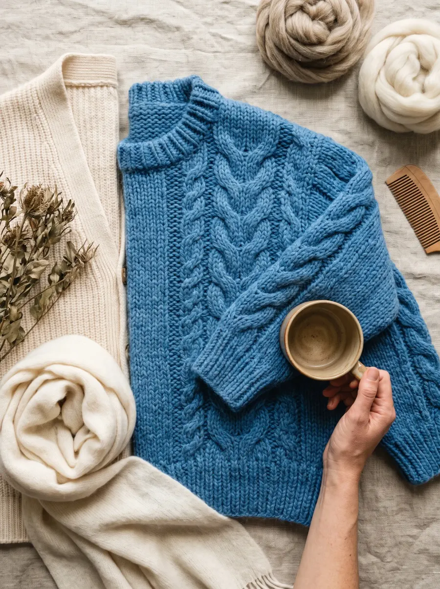 A knitwear flat lay in azure and cream on linen