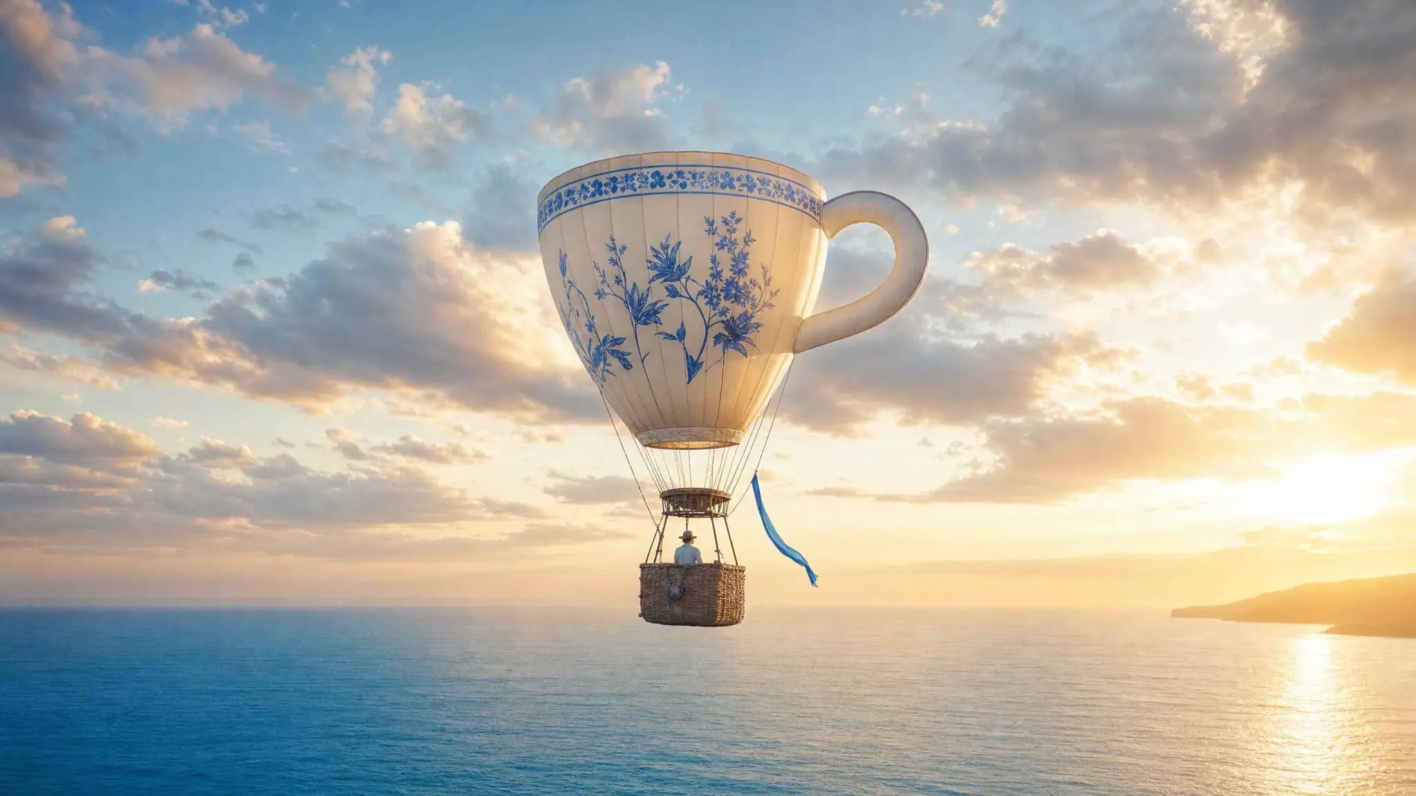 A surreal photograph of a hot-air balloon shaped like a teacup drifting over an azure ocean at sunrise