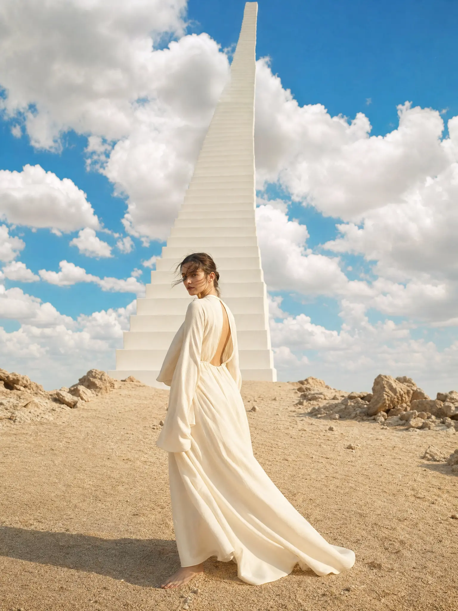 A surreal desert where white staircases rise into the clouds