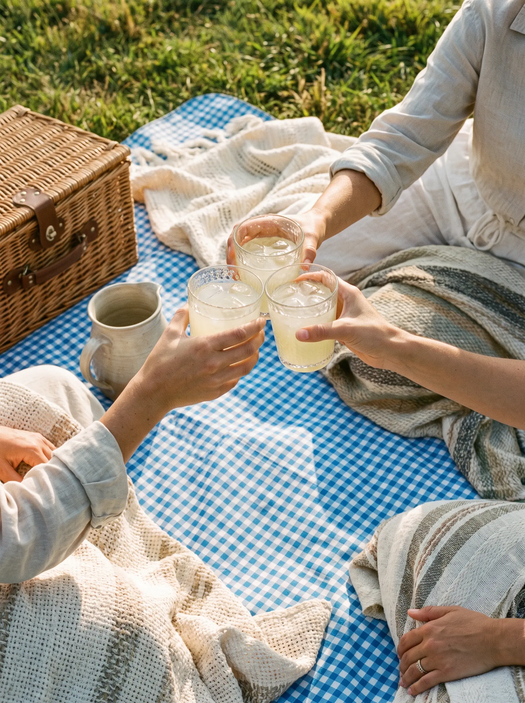 Friends clinking glasses of lemonade at a picnic on an azure gingham cloth