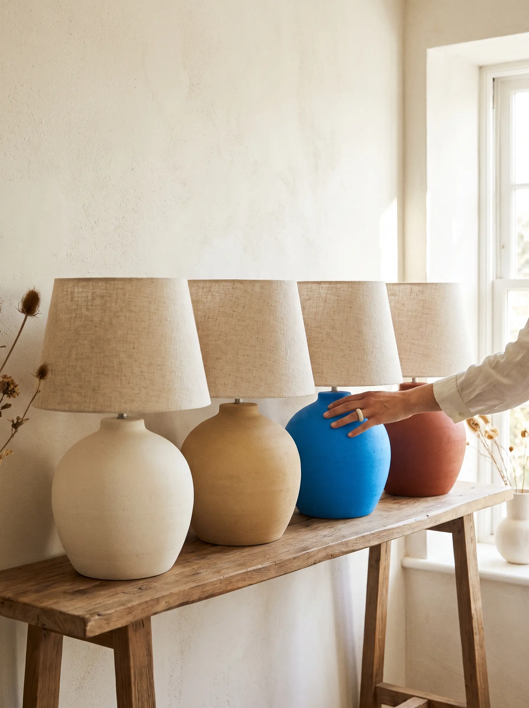 Four versions of the same minimalist ceramic lamp in a row