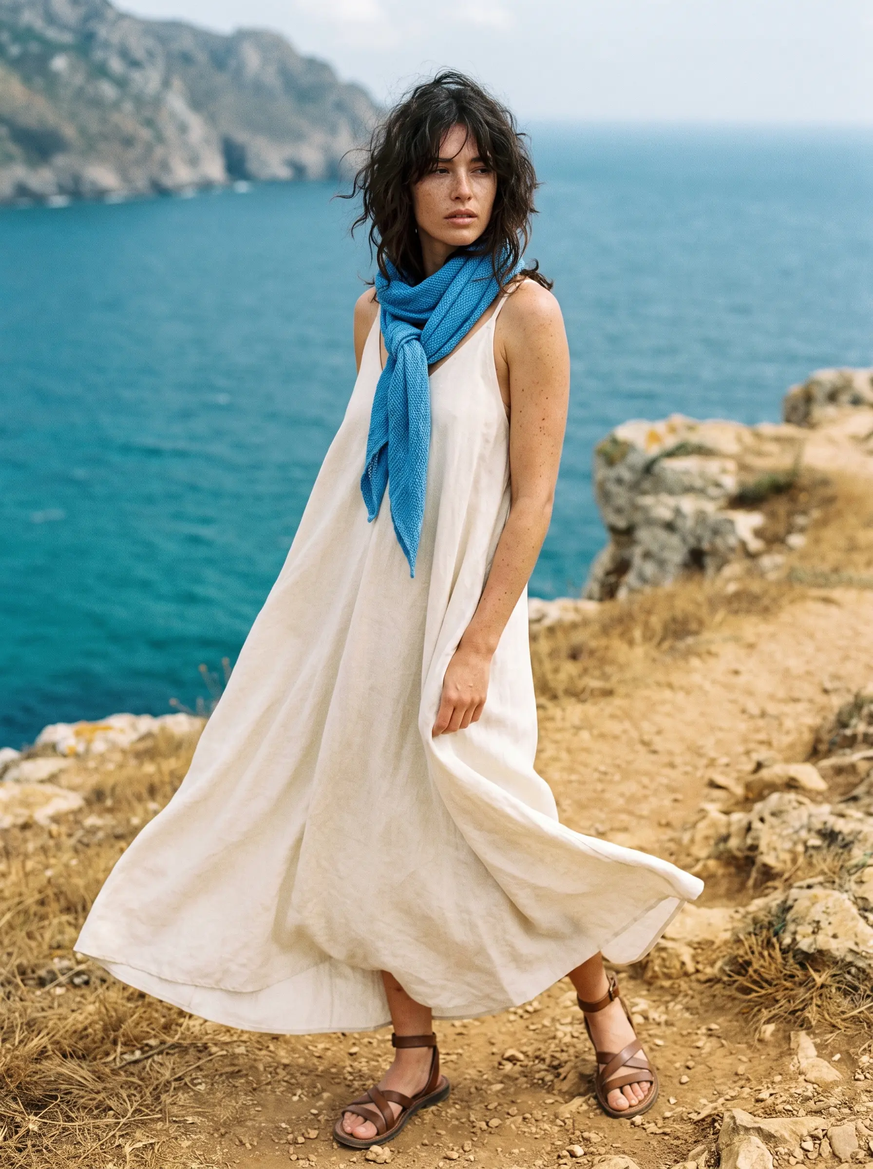 A model in a flowing ivory dress on a cliff path above an azure sea