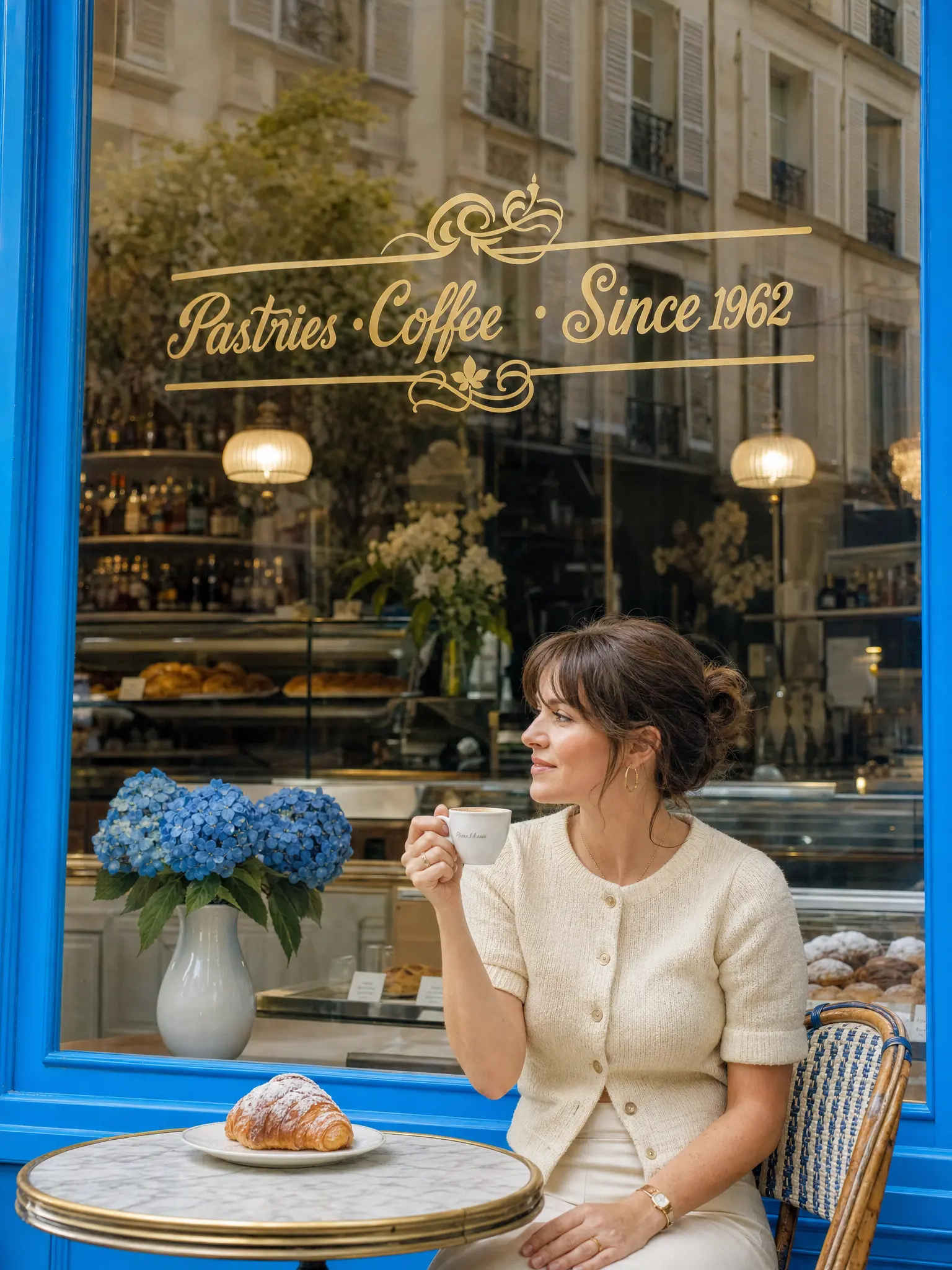 A café window with hand-lettered gold script that reads "Pastries · Coffee · Since 1962"