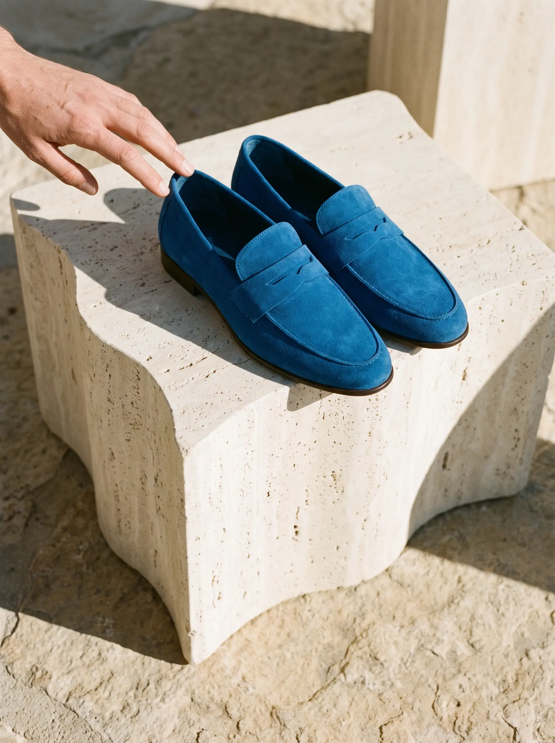 A pair of azure suede loafers on a sculpted travertine block