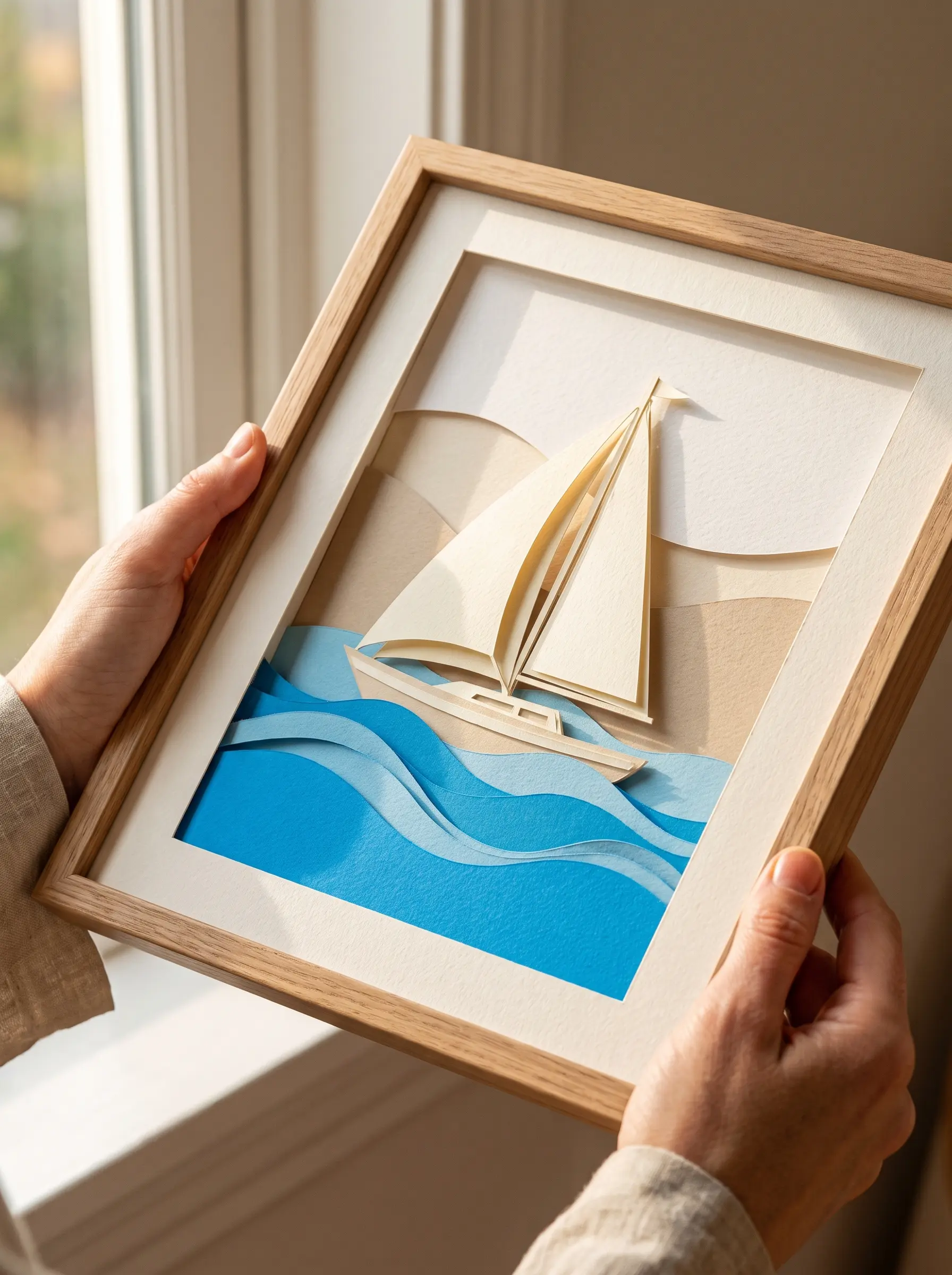 A layered paper-cut scene of a sailboat on azure waves